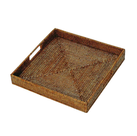 Square rattan tray with handles